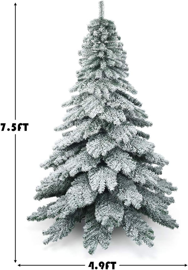 7.5FT Snow Flocked Artificial Christmas Tree, Hinged Alaskan Pine Tree with Metal Stand, 100% New PVC Material, Xmas Tree for Indoor and Outdoor Use
