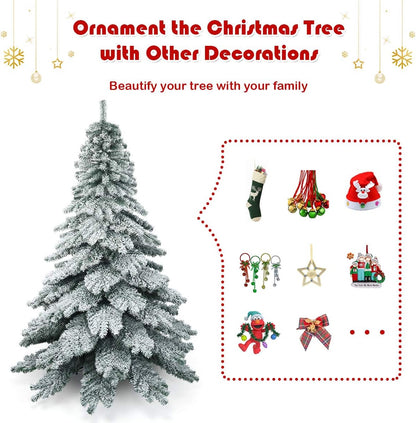 7.5FT Snow Flocked Artificial Christmas Tree, Hinged Alaskan Pine Tree with Metal Stand, 100% New PVC Material, Xmas Tree for Indoor and Outdoor Use