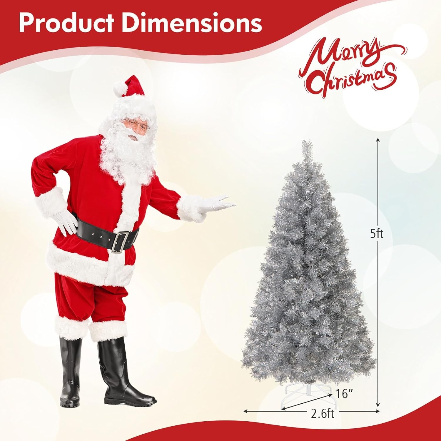 5Ft Pre-Lit Silver Tinsel Christmas Tree, Artificial Xmas Tree with 385 Branch Tips, 170 Warm White LED Lights, Upgraded Metal Stand, for Home Office Decor