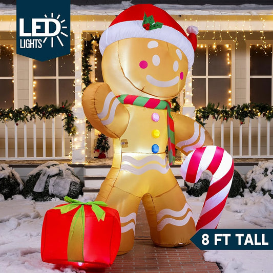 8 FT Christmas Inflatables Gingerbread Man Outdoor Decorations,Gingerbread Man with Candy Cane Blow Ups Yard with Built-In Leds for Holiday Party Garden Lawn Decor