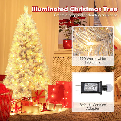 5Ft Pre-Lit Silver Tinsel Christmas Tree, Artificial Xmas Tree with 385 Branch Tips, 170 Warm White LED Lights, Upgraded Metal Stand, for Home Office Decor