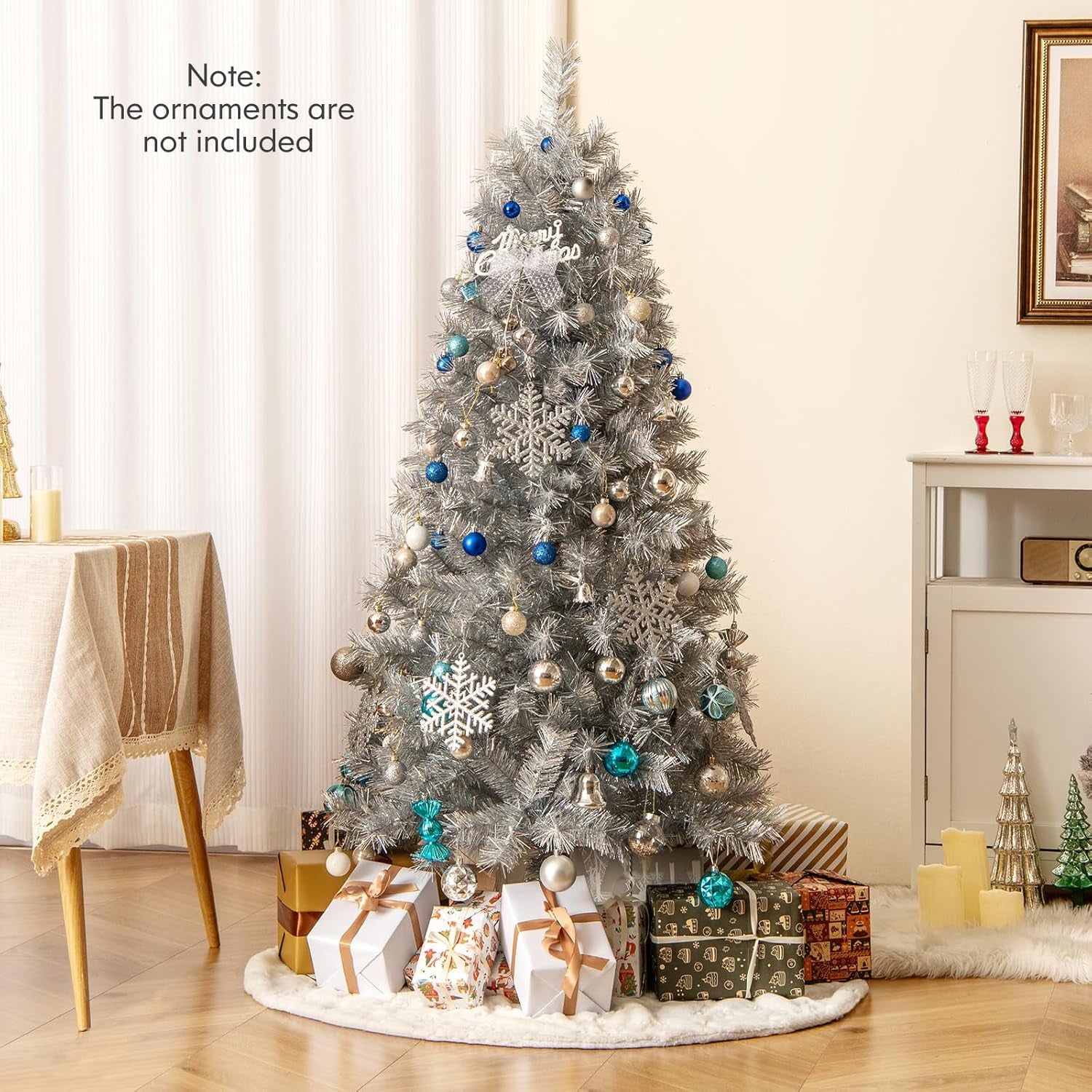 5Ft Pre-Lit Silver Tinsel Christmas Tree, Artificial Xmas Tree with 385 Branch Tips, 170 Warm White LED Lights, Upgraded Metal Stand, for Home Office Decor
