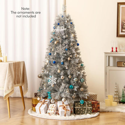 5Ft Pre-Lit Silver Tinsel Christmas Tree, Artificial Xmas Tree with 385 Branch Tips, 170 Warm White LED Lights, Upgraded Metal Stand, for Home Office Decor