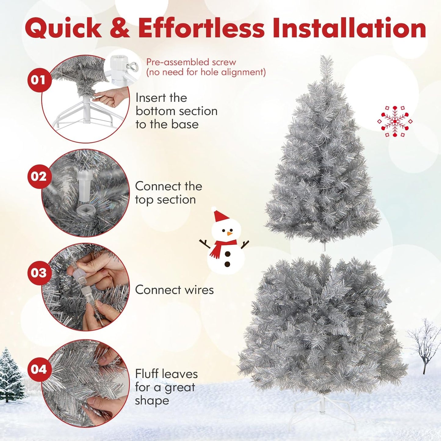 5Ft Pre-Lit Silver Tinsel Christmas Tree, Artificial Xmas Tree with 385 Branch Tips, 170 Warm White LED Lights, Upgraded Metal Stand, for Home Office Decor