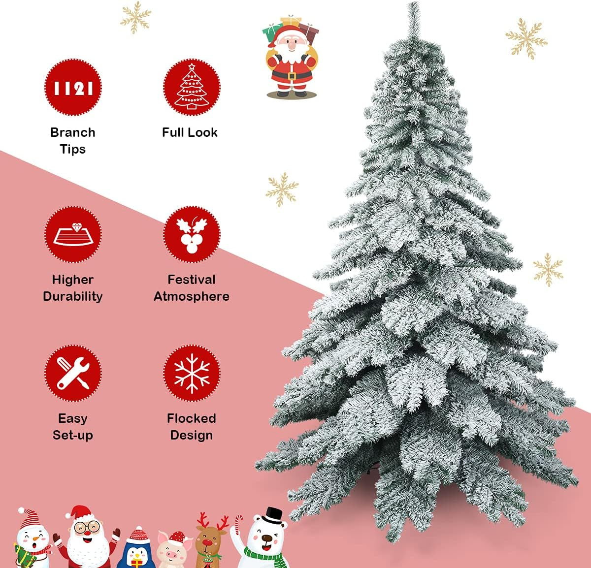 7.5FT Snow Flocked Artificial Christmas Tree, Hinged Alaskan Pine Tree with Metal Stand, 100% New PVC Material, Xmas Tree for Indoor and Outdoor Use