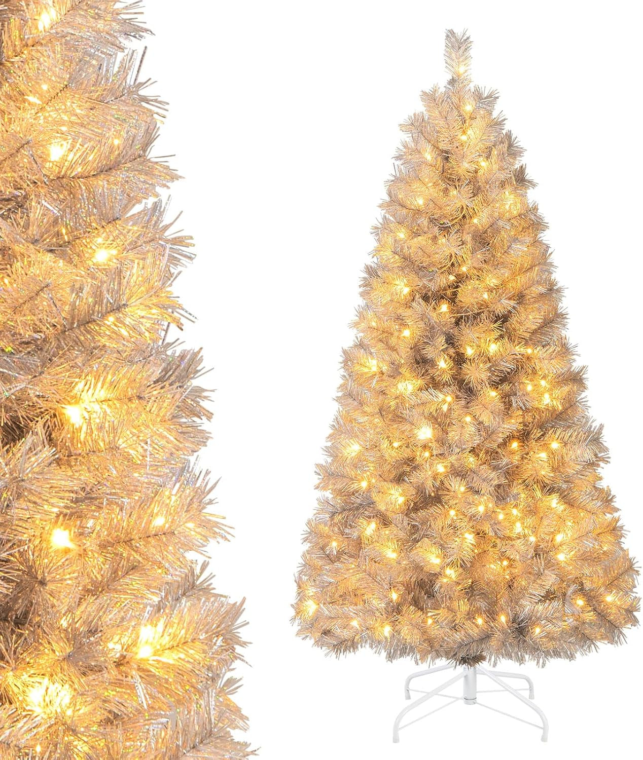 5Ft Pre-Lit Silver Tinsel Christmas Tree, Artificial Xmas Tree with 385 Branch Tips, 170 Warm White LED Lights, Upgraded Metal Stand, for Home Office Decor