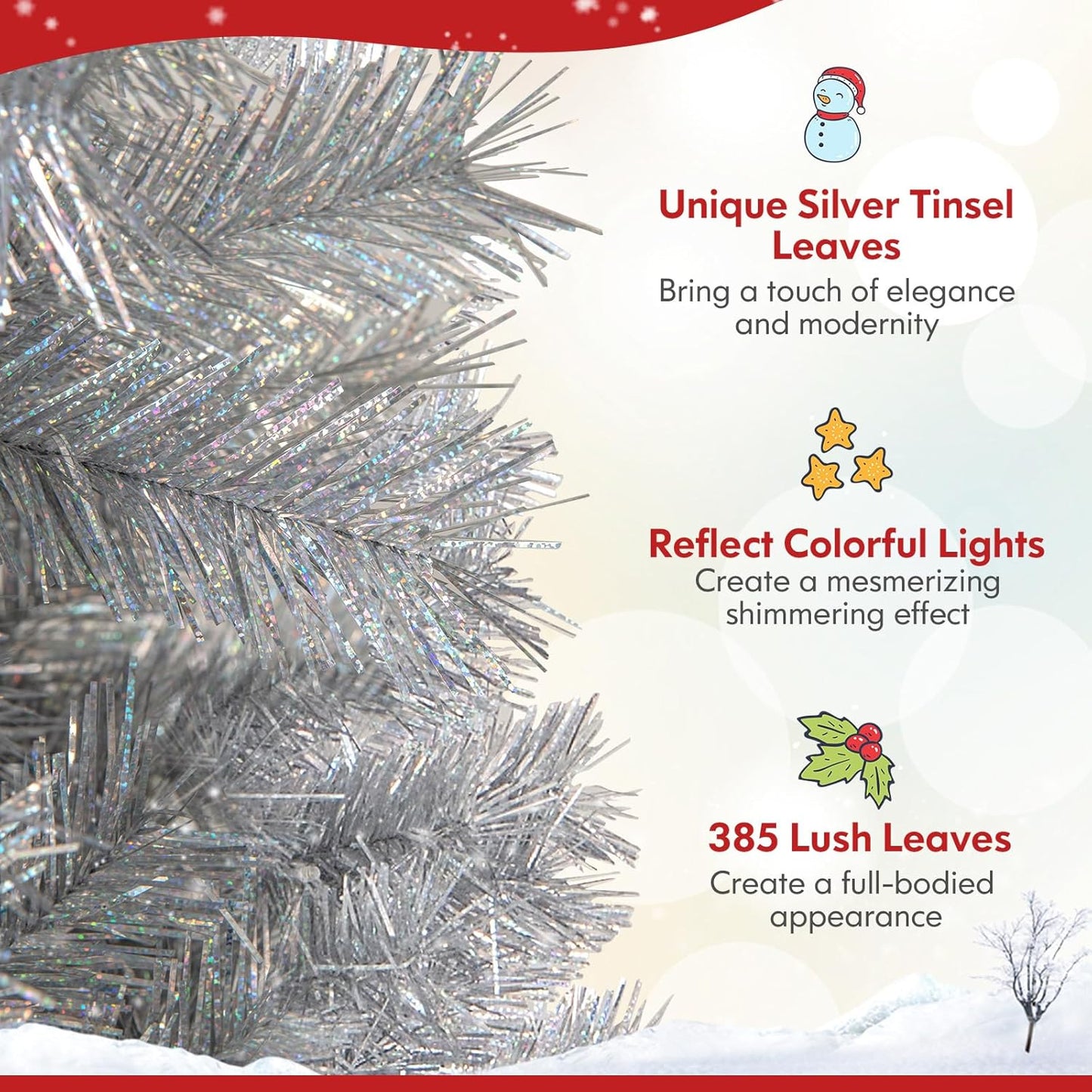 5Ft Pre-Lit Silver Tinsel Christmas Tree, Artificial Xmas Tree with 385 Branch Tips, 170 Warm White LED Lights, Upgraded Metal Stand, for Home Office Decor