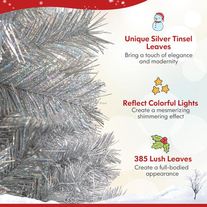 5Ft Pre-Lit Silver Tinsel Christmas Tree, Artificial Xmas Tree with 385 Branch Tips, 170 Warm White LED Lights, Upgraded Metal Stand, for Home Office Decor