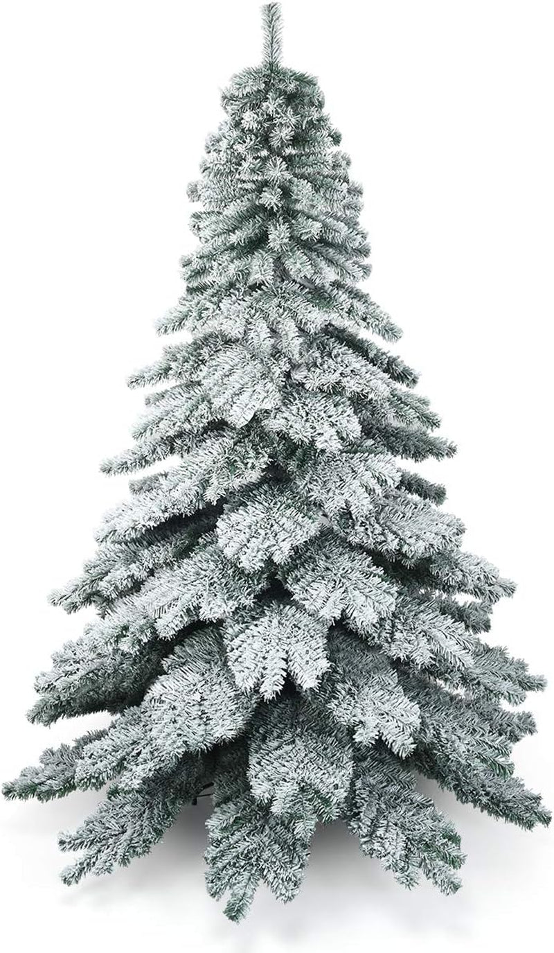 7.5FT Snow Flocked Artificial Christmas Tree, Hinged Alaskan Pine Tree with Metal Stand, 100% New PVC Material, Xmas Tree for Indoor and Outdoor Use