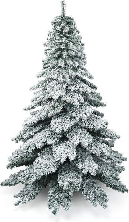 7.5FT Snow Flocked Artificial Christmas Tree, Hinged Alaskan Pine Tree with Metal Stand, 100% New PVC Material, Xmas Tree for Indoor and Outdoor Use