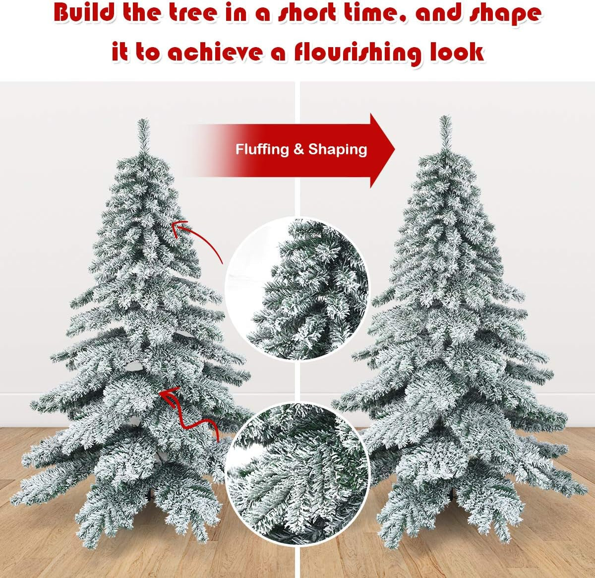 7.5FT Snow Flocked Artificial Christmas Tree, Hinged Alaskan Pine Tree with Metal Stand, 100% New PVC Material, Xmas Tree for Indoor and Outdoor Use
