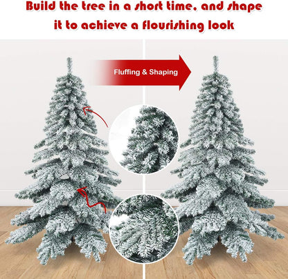 7.5FT Snow Flocked Artificial Christmas Tree, Hinged Alaskan Pine Tree with Metal Stand, 100% New PVC Material, Xmas Tree for Indoor and Outdoor Use