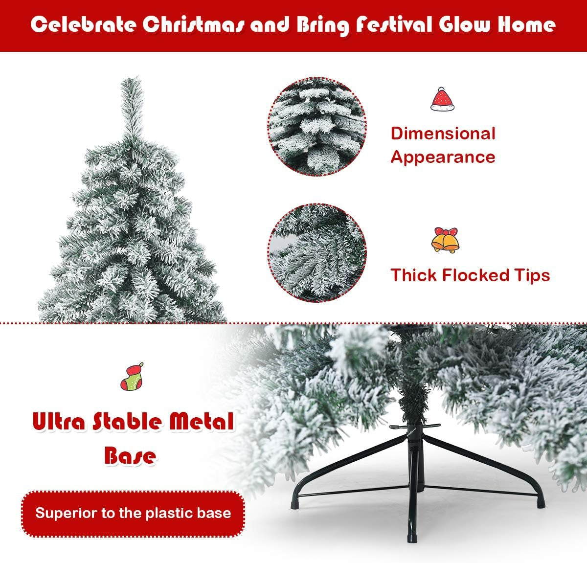 7.5FT Snow Flocked Artificial Christmas Tree, Hinged Alaskan Pine Tree with Metal Stand, 100% New PVC Material, Xmas Tree for Indoor and Outdoor Use