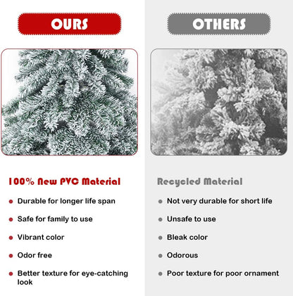 7.5FT Snow Flocked Artificial Christmas Tree, Hinged Alaskan Pine Tree with Metal Stand, 100% New PVC Material, Xmas Tree for Indoor and Outdoor Use
