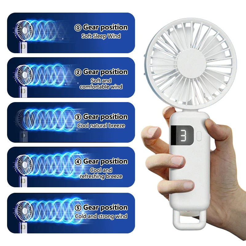 Portable Handheld Fan USB Fan, Battery Operated Fan Base Included Digital Display 90 Degree Adjustable Rechargeable Mini Fan