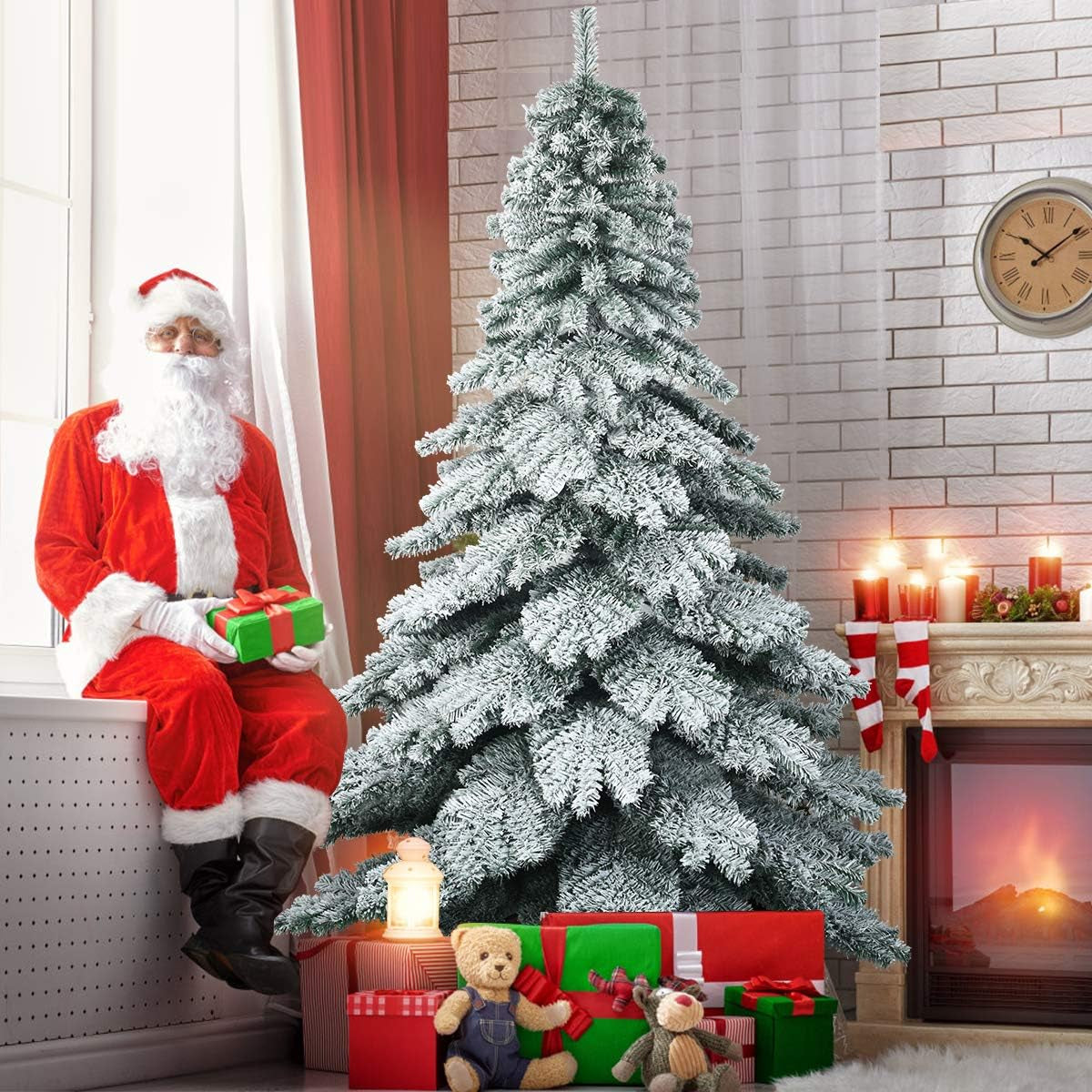 7.5FT Snow Flocked Artificial Christmas Tree, Hinged Alaskan Pine Tree with Metal Stand, 100% New PVC Material, Xmas Tree for Indoor and Outdoor Use